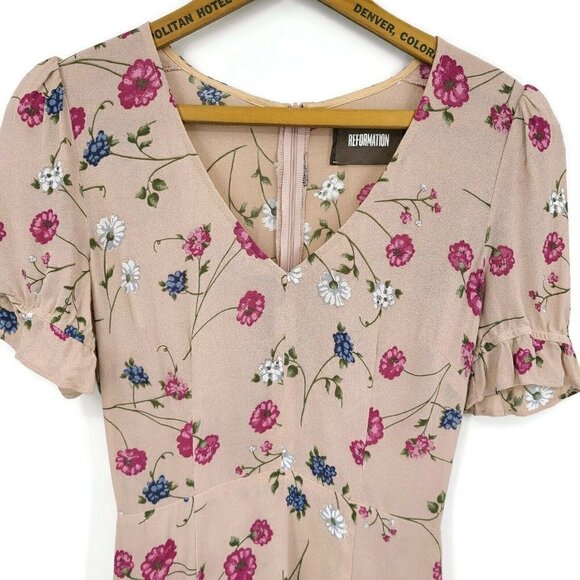 Reformation Sue Dress Womens 2 Blush Pink Floral Mini Fit Flare V Neck Eden - Picture 4 of 6